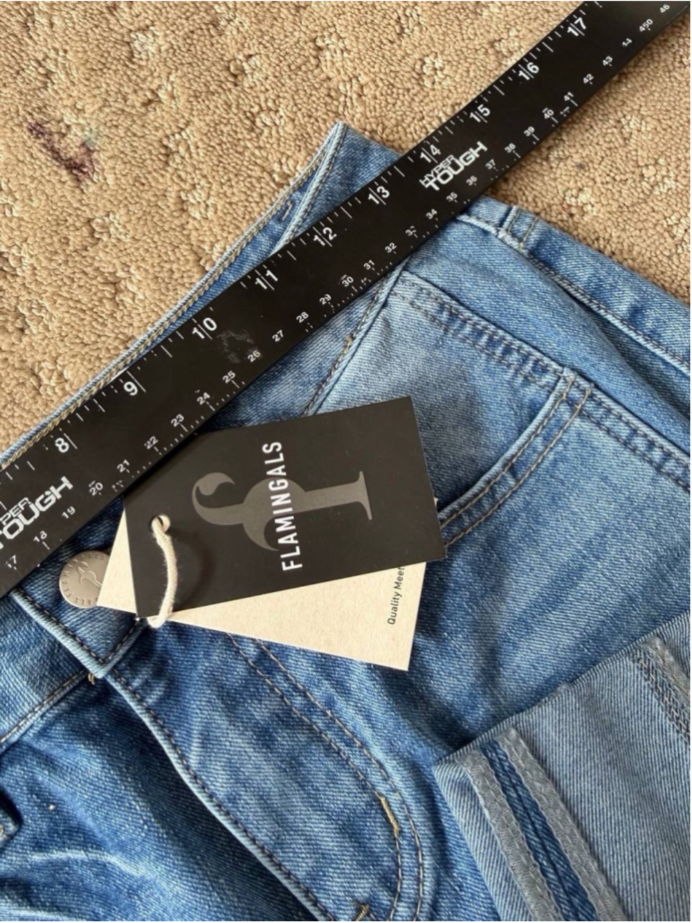 Flamingals Wash Seam Front Roll Raw Hem Mid Rise Straight Leg Jeans M - Picture 5 of 6